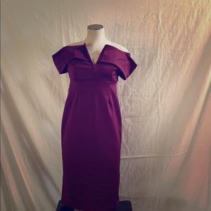 Midi length burgundy off the shoulder dress